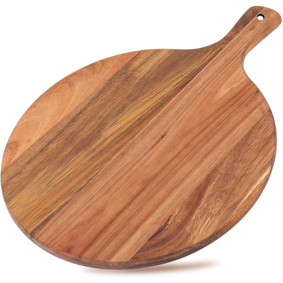 Xioeram Acacia Wood Pizza Peel, 12" Round Charcuterie Board with Handle, Cutting Board Cheese Paddle Fruit Chopping Board Tray for Bread, Vegetables, RV, Camping