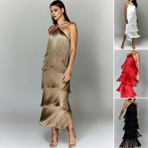 Xioeram Evening Party Women Dress Halter Neck Off Shoulder Fringe Multi-layered Cake Hem Backless Split Rumba Cha-cha Dance Competition Prom Ball Maxi Dress