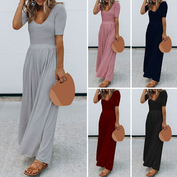 Xioeram Lady Summer Jumpsuit Round Neck Short Sleeves Pleated High Waist Wide Leg Deep Crotch Thin Full Lengtn Casual Daily Homewear Lady Long Jumpsuit