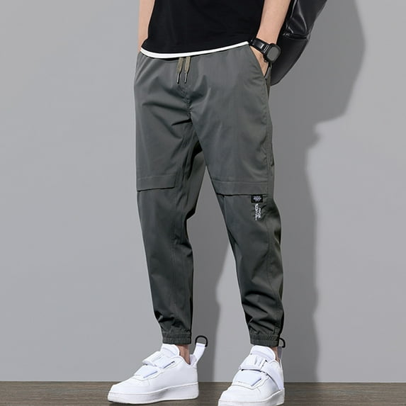 Xioeram Men Cargo Pants Multi Pockets Drawstring Elastic Waist Smooth Ankle-banded Solid Color Gym Outdoor Daily Wear Long Harem Trousers