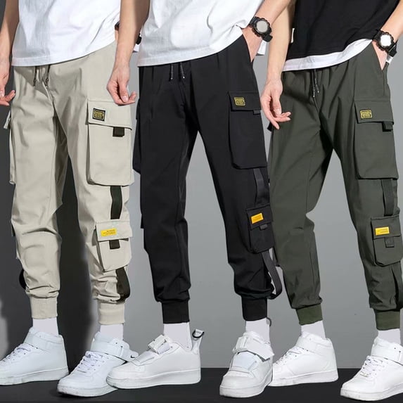 Xioeram Men Cargo Pants Multi Pockets Solid Color Strap Decor Loose Drawstring Elastic Waist Plus Size Daily Wear Streetwear Long Work Trousers Outdoor Training Pants