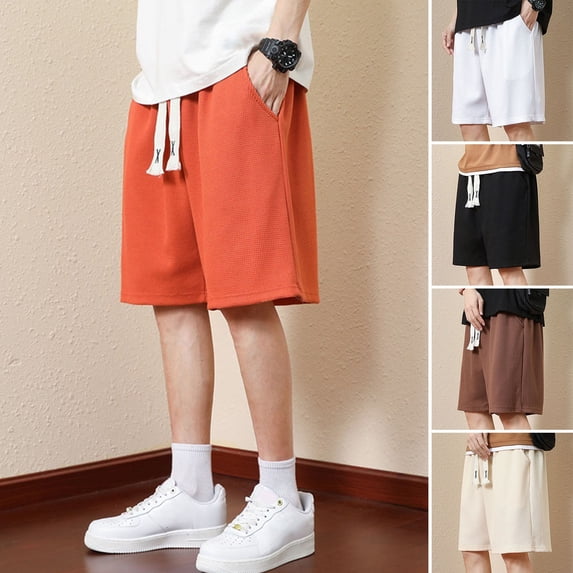 Xioeram Men Summer Athletic Shorts Elastic Waist Ties Solid Color Pockets Sport Shorts Waffle Texture Wide Leg Sport Shorts Streetwear