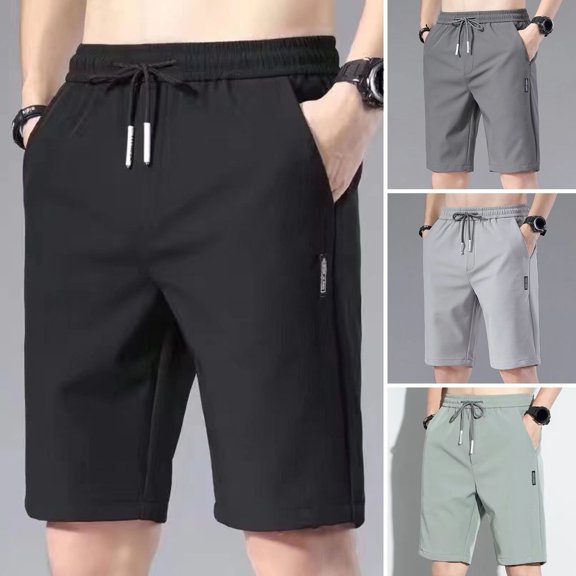 Xioeram Men Summer Casual Shorts Elastic Drawstring Waist Straight Wide Leg Shorts Pockets Design Ice Silk Solid Color Sport Shorts