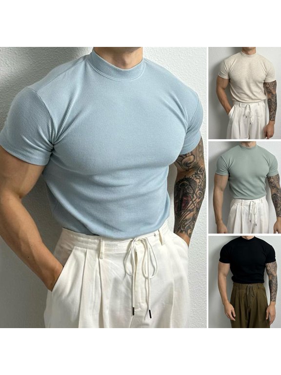 Summer Men T-shirt Solid Color Thread Slim Fit Elastic Quick Dry Short Sleeves Sweat Absorption Thin Half-high Collar Pullover Gym Training Daily Wear Sport Top