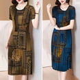 thumbnail image 1 of Xioeram Summer Women Dress Round Neck Short Sleeves Vintage Print Slim Fit Knee Length Pleated Mid-aged Women Office Prom Party Midi Dress, 1 of 7