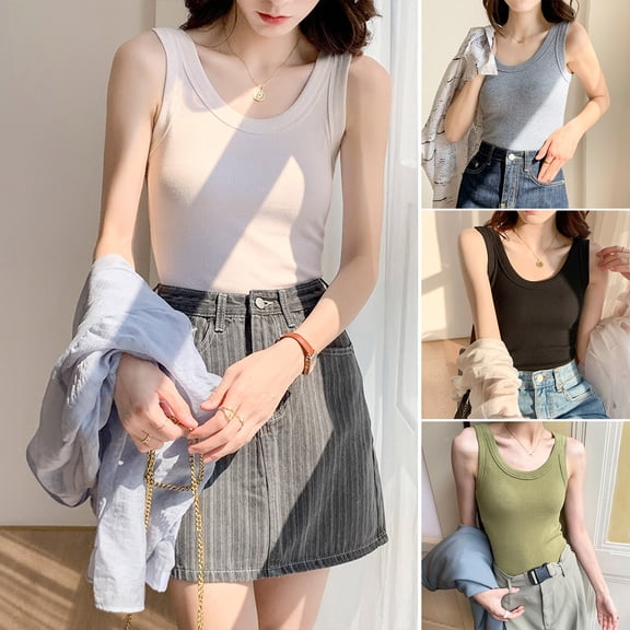 Xioeram Summer Women Vest O Neck Knitted Solid Color Sleeveless High Elastic Thread Slim Fit Seamless Gym Sports Daily Outer Inner Wear Tank Top