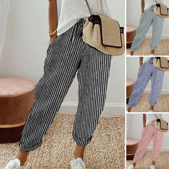 Xioeram Women Casual Pants Elastic Waist Drawstring Harem Pants with Pockets Vertical Striped Print Beach Office Shopping Daily Long Trousers