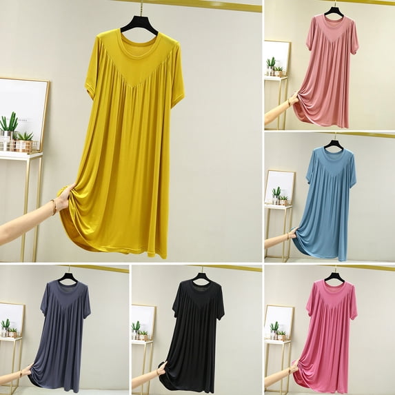 Xioeram Women Summer Dress Pleated Solid Color O Neck Short Sleeves Thin Loose Knee Length Pullover Casual Daily Wear Lady Midi Dress