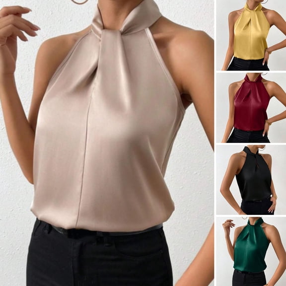 Xioeram Women Summer Tops Halter Sleeveless Loose Fit Blouse Solid Color Smooth Satin Tank Tops Imitation Silk Party Office Vest Workwear