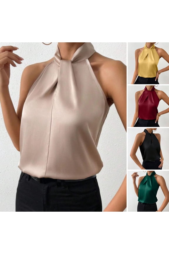 Women Summer Tops Halter Sleeveless Loose Fit Blouse Solid Color Smooth Satin Tank Tops Imitation Silk Party Office Vest Workwear