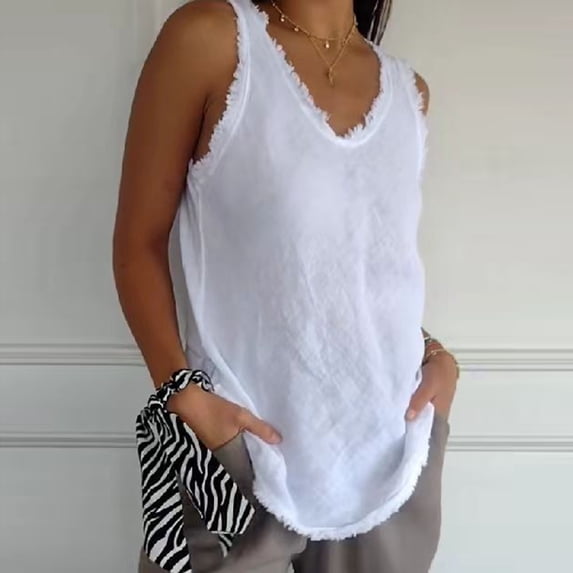 Xioeram Women Summer Vest O-Neck Sleeveless Loose Fit Tank Tops Solid Color Tassel Splicing Pullover Tops Streetwear