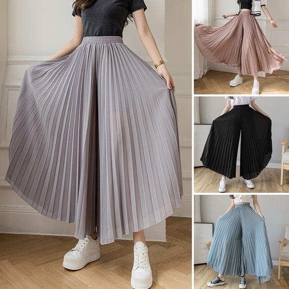 Xioeram Women Wide Leg Pleated Pants Elastic High Waist Chiffon Pants Summer Loose Fit Solid Color Casual Trousers Streetwear