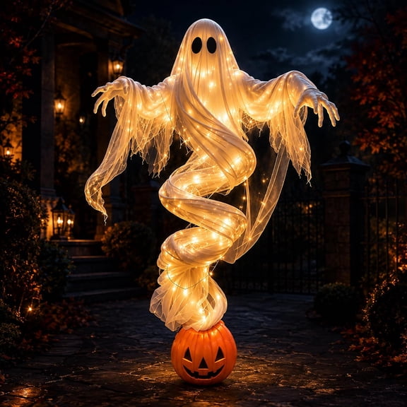 Xioghol 51.2-Inch Swirling Ghost Pumpkin Yard Lamp, Warm LED Lighted Halloween Decoration with Layered Gauze, Battery Operated for Covered Porch, Entryway, Patio & Party Decor