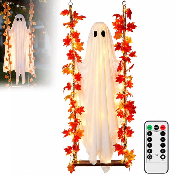 Xioghol Hanging Light-Up Swinging Ghost Outdoor Halloween Decoration with Maple Leaf Garlands, Remote Control, 8 Lighting Modes and 6-Hour Timer for Yard, Porch, Tree and Indoor Party
