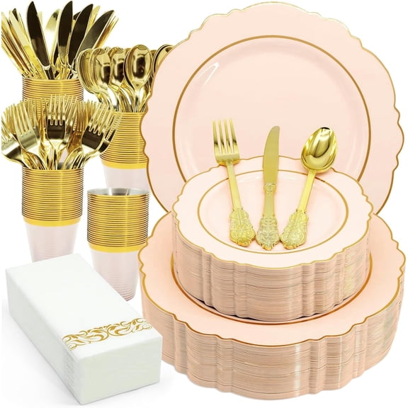 Xipavic 175PCS Disposable Plastic Plates Dinnerware Set Pink Gold for 25 Guests