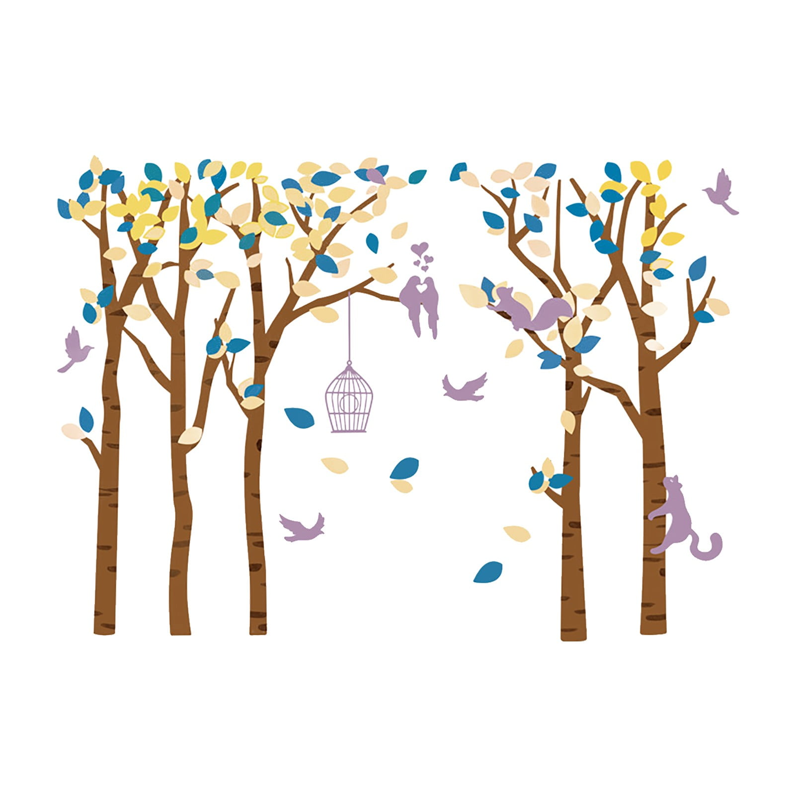 Xipoxipdo Jungle 5 Trees Wall Decals Yellow Leaves And Fly Birds