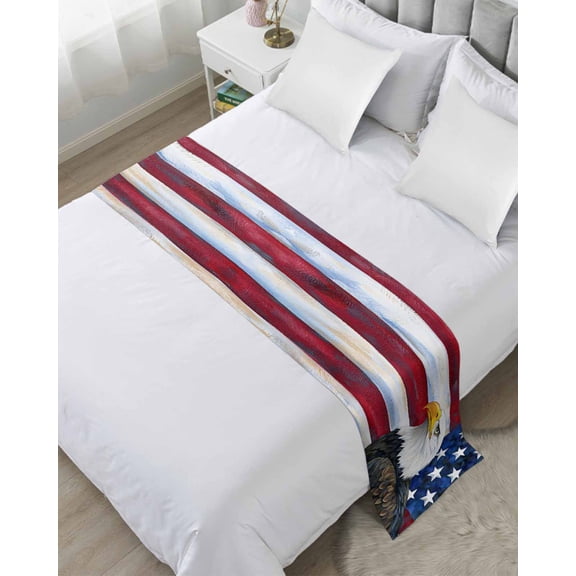Xipuska 4th of July Bed Runners for Twin Size Bed, Decorative Bed Throws for Foot of Bed, Independence Day American Flag Eagle Blue Red Bed Runner Sofa Throw Bedding Scarf Slipcover for Bedroom