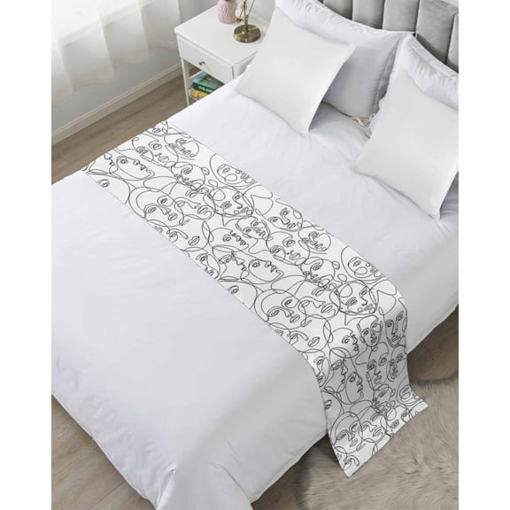 Xipuska Abstract Style Bed Runners for Cal King Size Bed, Decorative Bed Throws for Foot of Bed, Face Line Modern Character Art White Bed Runner Sofa Throw Bedding Scarf Slipcover for Bedroom