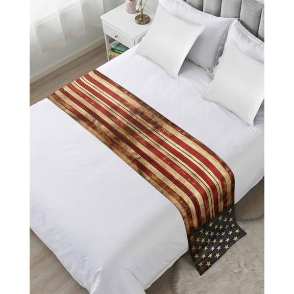 Xipuska American Flag Bed Runners for Cal King Size Bed, Decorative Bed Throws for Foot of Bed, Retro USA Flag Blue Red Vintage Wooden Bed Runner Sofa Throw Bedding Scarf Slipcover for Bedroom