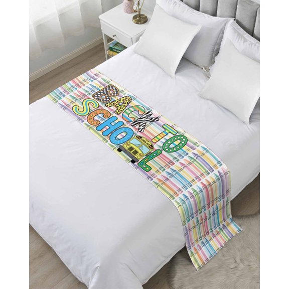 Xipuska Back To School Bed Runners for Queen Size Bed, Decorative Bed Throws for Foot of Bed, Bus Colorful Crayon Pen Plaid Leopard Print Bed Runner Sofa Throw Bedding Scarf Slipcover for Bedroom