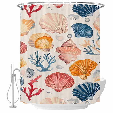 Xipuska Beach Coastal Shower Curtain - Water Repellent Fabric Shower Curtains Washable, Summer Nautical Shell Starfish Coral Decorative Polyester Cloth Bathroom Curtains Modern Bath Decor 72"x72"
