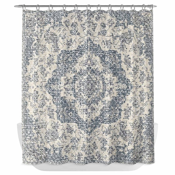 Xipuska Beige Blue Boho Shower Curtain - Water Repellent Fabric Shower Curtains Washable, Medieval Vintage Ethnic Floral Abstract Decorative Cloth Bathroom Curtains Modern Bath Decor 72"x78"
