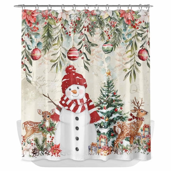 Xipuska Beige Christmas Shower Curtain - Water Repellent Fabric Shower Curtains Washable, Snowman Xmas Tree Elk Poinsettia Decorative Polyester Cloth Bathroom Curtains Modern Bath Decor 66"x72"
