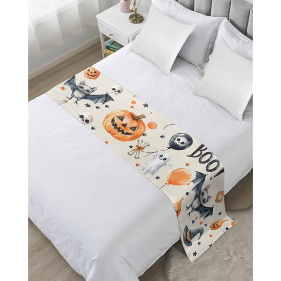 Xipuska Beige Halloween Bed Runners for Twin Size Bed, Decorative Bed Throws for Foot of Bed, Scary Pumpkin Ghost Skull Balloon Bed Runner Sofa Throw Bedding Scarf Protector Slipcover for Bedroom