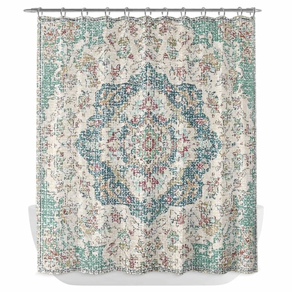 Xipuska Beige Teal Boho Shower Curtain - Water Repellent Fabric Shower Curtains Washable, Medieval Vintage Ethnic Floral Abstract Decorative Cloth Bathroom Curtains Modern Bath Decor 66"x72"