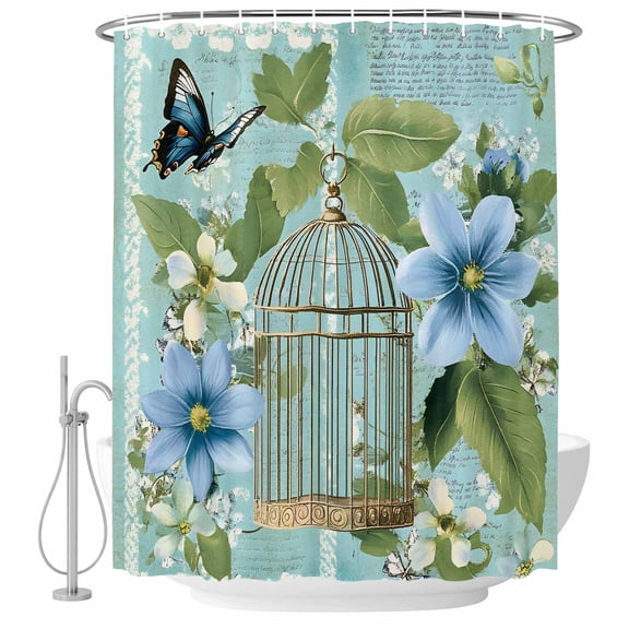 Xipuska Birds Cage Shower Curtain - Water Repellent Fabric Shower Curtains Washable, Spring Botanical Blue Floral Decorative Polyester Cloth Bathroom Curtains Modern Bath Decor 36"x72"