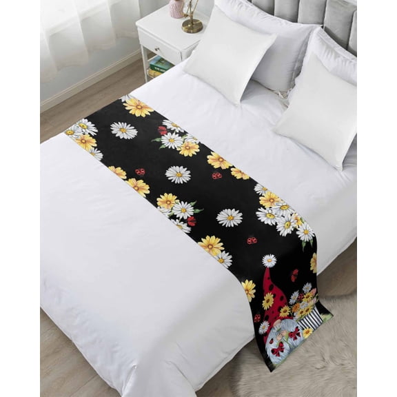 Xipuska Black Gnomes Daisy Bed Runners for King Size Bed, Decorative Bed Throws for Foot of Bed, Pastoral Country Garden Floral Bed Runner Sofa Throw Bedding Scarf Protector Slipcover for Bedroom