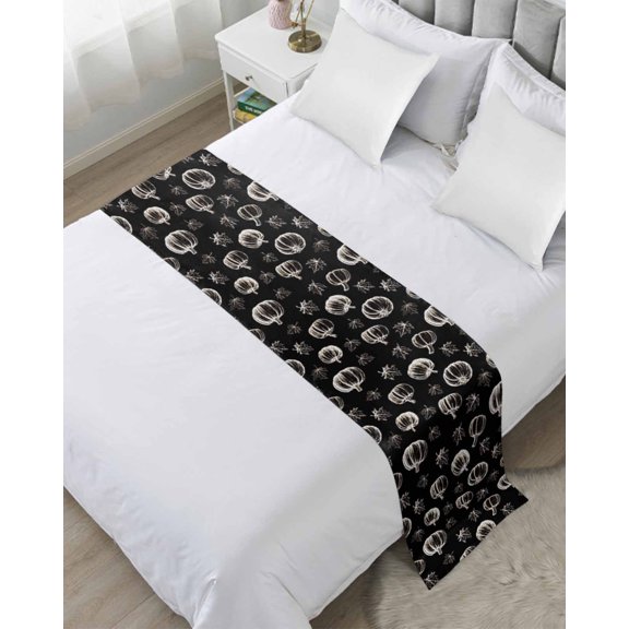 Xipuska Black Gray Thanksgiving Bed Runners for Twin Size Bed, Decorative Bed Throws for Foot of Bed, Pumpkins Maple Leaf Retro Fall Bed Runner Sofa Throw Bedding Scarf Slipcover for Bedroom