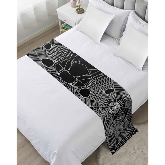 Xipuska Black Halloween Bed Runners for Twin Size Bed, Decorative Bed Throws for Foot of Bed, Country Vintage White Cobweb Scary Bed Runner Sofa Throw Bedding Scarf Protector Slipcover for Bedroom