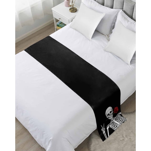 Xipuska Black Halloween Bed Runners for Twin Size Bed, Decorative Bed Throws for Foot of Bed, Scary White Skull Skeleton Red Rose Bed Runner Sofa Throw Bedding Scarf Protector Slipcover for Bedroom