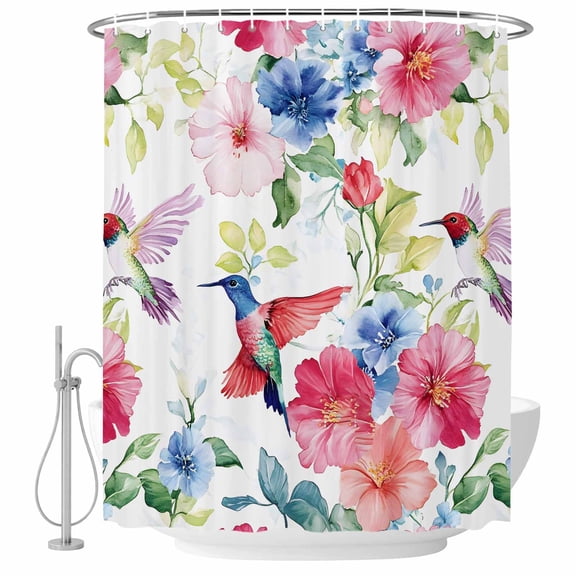 Xipuska Blooming Pink Floral Shower Curtain - Water Repellent Fabric Shower Curtains Washable, Pastoral Chic Flowers Hummingbird Decorative Polyester Cloth Bathroom Curtains Modern Bath Decor 36"x72"