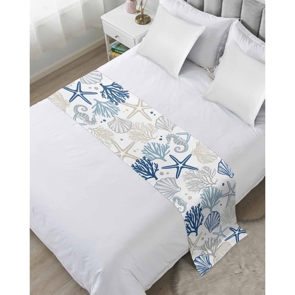 Xipuska Blue Beige Coastal Bed Runners for Twin Size Bed, Decorative Bed Throws for Foot of Bed, Summer Beach Starfish Coral Nautical Bed Runner Sofa Throw Bedding Scarf Slipcover for Bedroom