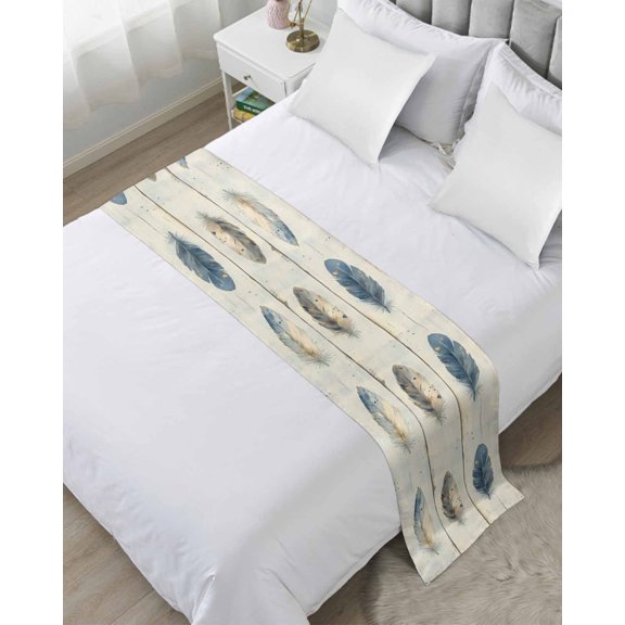 Xipuska Blue Beige Feathers Bed Runners for Cal King Size Bed, Decorative Bed Throws for Foot of Bed, Vintage Native Ombre Wood Grain Bed Runner Sofa Throw Bedding Scarf Slipcover for Bedroom