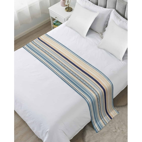 Xipuska Blue Beige Striped Bed Runners for King Size Bed, Decorative Bed Throws for Foot of Bed, Boho Colorful Rainbow Abstract Stripes Bed Runner Sofa Throw Bedding Scarf Slipcover for Bedroom