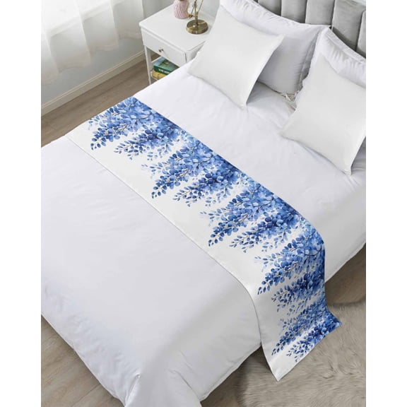 Xipuska Blue Botanical Bed Runners for Queen Size Bed, Decorative Bed Throws for Foot of Bed, Spring Foliage Eucalyptus Leaves Bed Runner Sofa Throw Bedding Scarf Protector Slipcover/Hotel