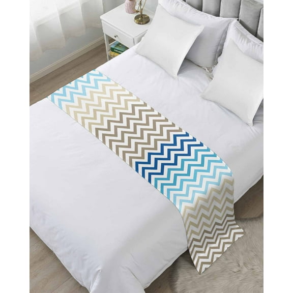 Xipuska Blue Brown Bed Runners for Twin Size Bed, Decorative Bed Throws for Foot of Bed, Modern Chevron Waves Khaki Geometric Stripes Bed Runner Sofa Throw Bedding Scarf Slipcover for Bedroom