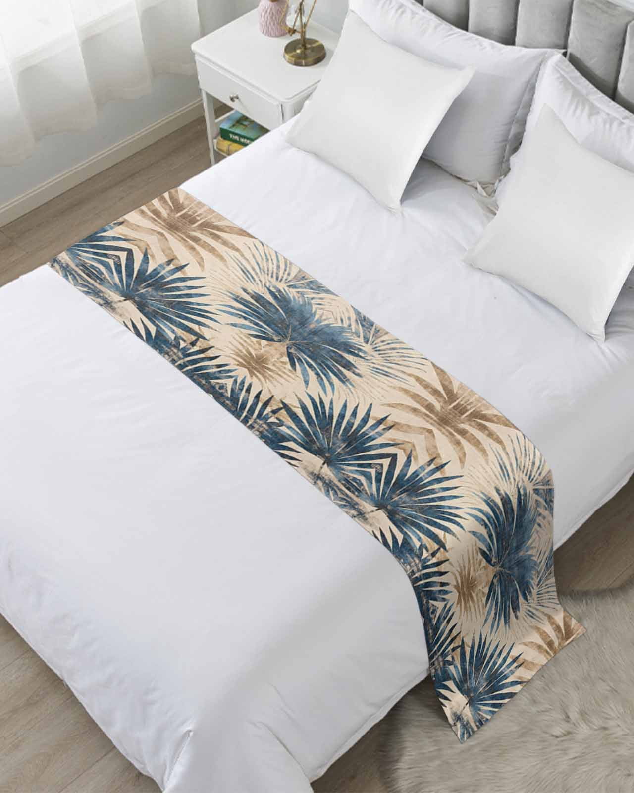 Xipuska Blue Brown Palm Leaf Bed Runners for Twin Size Bed, Decorative ...