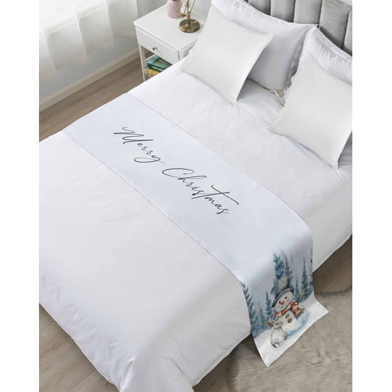 Xipuska Blue Christmas Bed Runners for Queen Size Bed, Decorative Bed Throws for Foot of Bed, Xmas Snowman Winter Forest Pine Tree Bunny Bed Runner Sofa Throw Bedding Scarf Slipcover for Bedroom