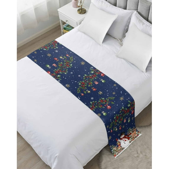 Xipuska Blue Christmas Snowman Bed Runners for Twin Size Bed, Decorative Bed Throws for Foot of Bed, Xmas Snowflake Elk Tree Balls Bed Runner Sofa Throw Bedding Scarf Protector Slipcover for Bedroom