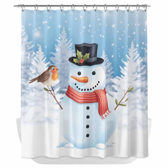 Xipuska Blue Christmas Snowman Shower Curtain - Water Repellent Fabric Shower Curtains Washable, Xmas Tree Birds Decorative Polyester Cloth Bathroom Curtains Modern Bath Decor 66"x72"
