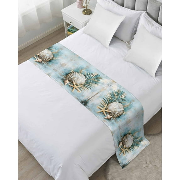 Xipuska Blue Coastal Bed Runners for Queen Size Bed, Decorative Bed Throws for Foot of Bed, Vintage Beach Nautical Starfish Botanical Bed Runner Sofa Throw Bedding Scarf Slipcover for Bedroom