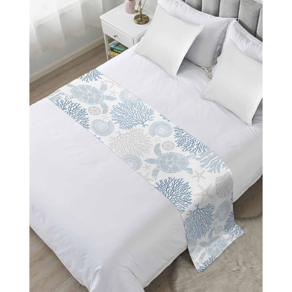 Xipuska Blue Coastal Turtle Bed Runners for Cal King Size Bed, Decorative Bed Throws for Foot of Bed, Ocean Coral Nautical Bed Runner Sofa Throw Bedding Scarf Protector Slipcover for Bedroom/Hotel