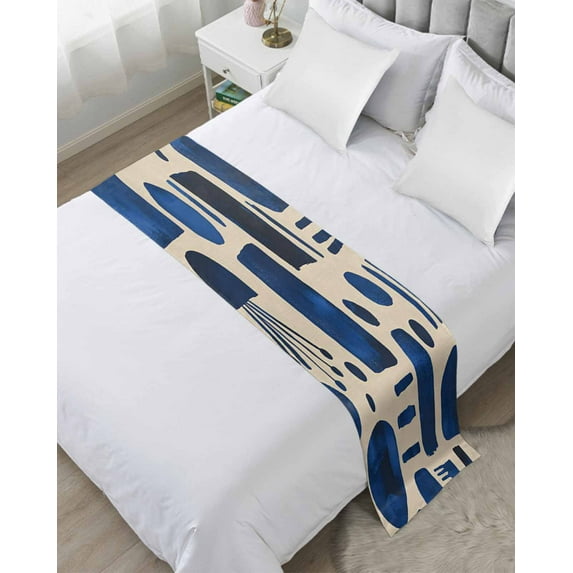 Xipuska Blue Color Block Bed Runners for Cal King Size Bed, Decorative Bed Throws for Foot of Bed, Impressionist Abstract Geometric Bed Runner Sofa Throw Bedding Scarf Protector Slipcover for Bedroom