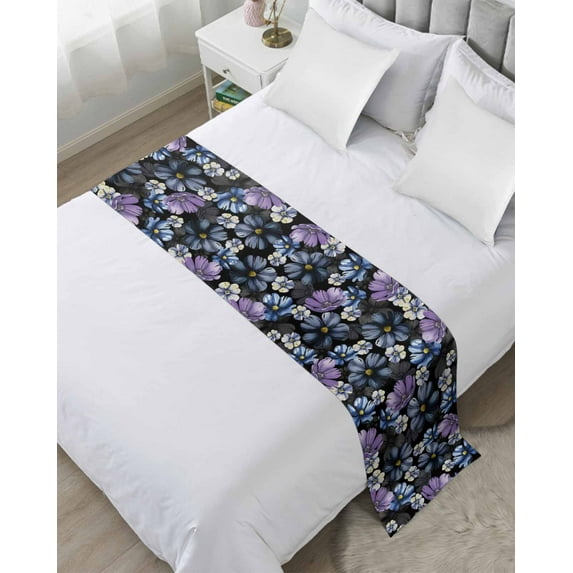 Xipuska Blue Flower Bed Runners for King Size Bed, Decorative Bed Throws for Foot of Bed, Purple Floral Vintage Country Watercolor Bed Runner Sofa Throw Bedding Scarf Protector Slipcover for Bedroom
