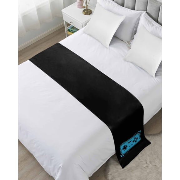 Xipuska Blue Game Handle Bed Runners for Twin Size Bed, Decorative Bed Throws for Foot of Bed, Video Gamer Console Earphones Black Bed Runner Sofa Throw Bedding Scarf Protector Slipcover for Bedroom
