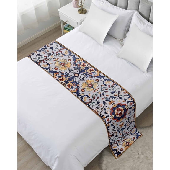 Xipuska Blue Grey Boho Bed Runners for King Size Bed, Decorative Bed Throws for Foot of Bed, Retro Traditional Oriental Boho Tribal Bed Runner Sofa Throw Bedding Scarf Protector Slipcover for Bedroom